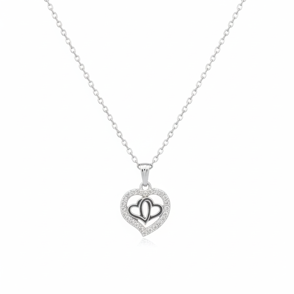 Urthn Silver Plated Heart Chain Pendant Earrings Rings And Bracelet Jewellery Combo Set (Pack Of 6)