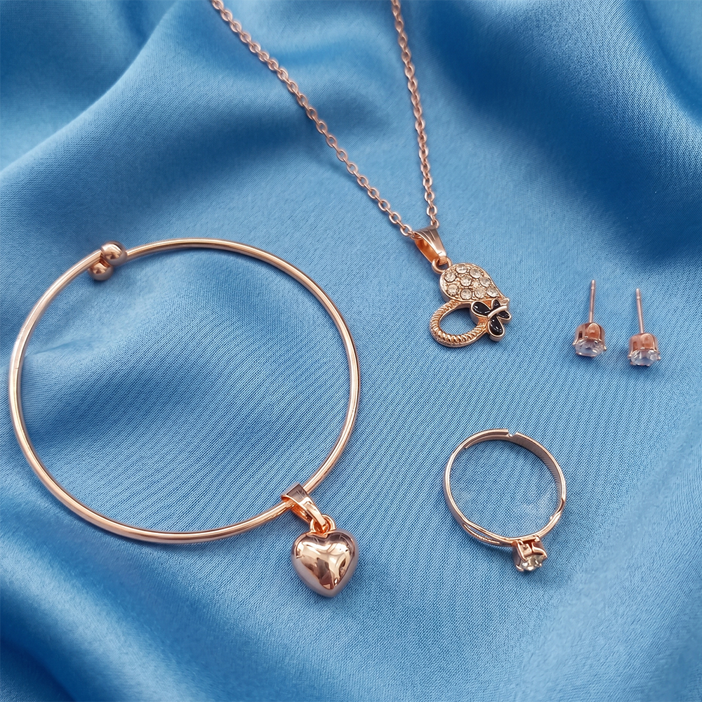 Urthn Rose Gold Plated Chain Pendant Earrings Rings And Bracelet Jewellery Combo Set
