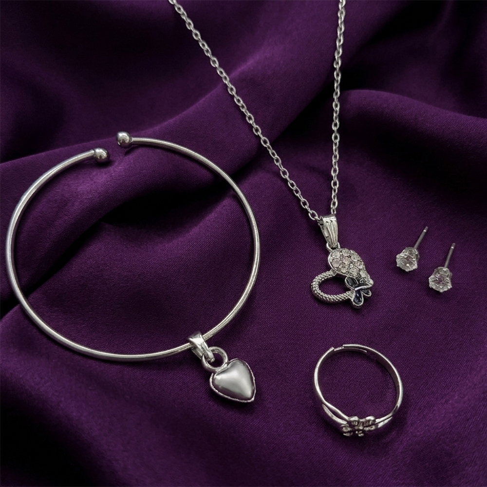 Urthn Silver Plated Chain Pendant Earrings Rings And Bracelet Jewellery Combo Set