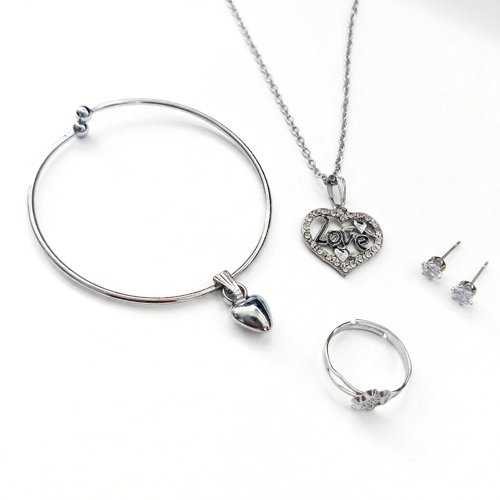 Urthn Silver Plated Chain Pendant Earrings Rings And Bracelet Jewellery Combo Set (Pack of 6)