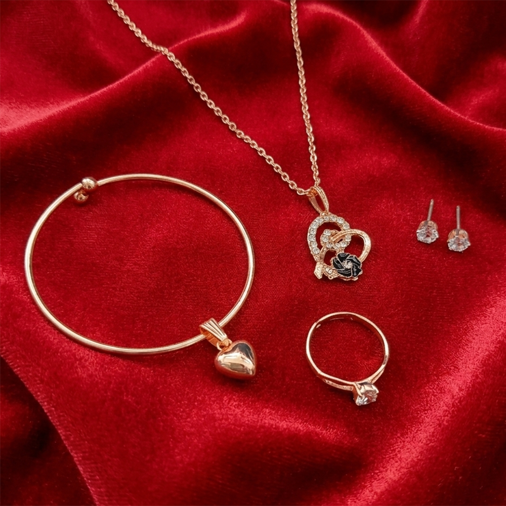 Urthn Rose Gold Plated Chain Pendant Earrings Rings And Bracelet Jewellery Combo Set