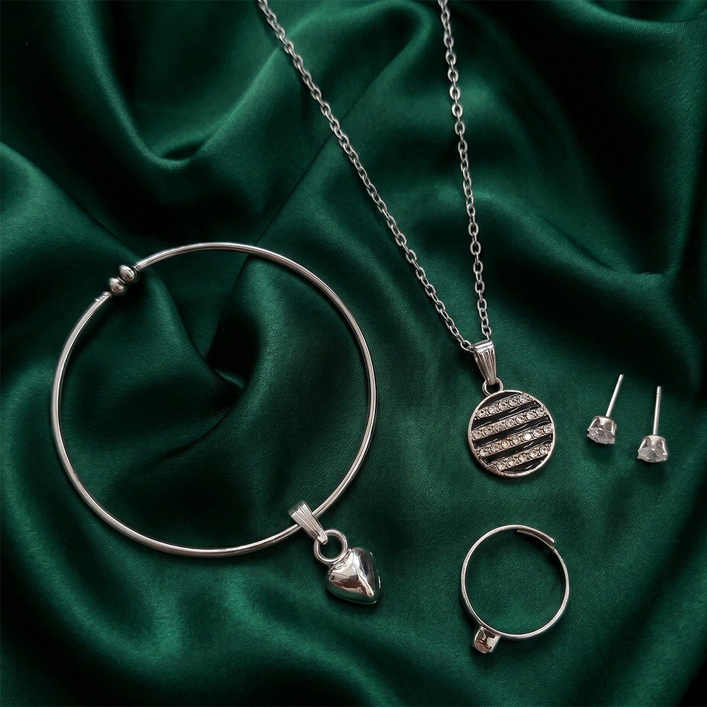 Urthn Silver Plated Chain Pendant Earrings Rings And Bracelet Jewellery Combo Set