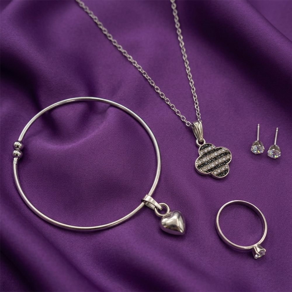 Urthn Silver Plated Chain Pendant Earrings Rings And Bracelet Jewellery Combo Set