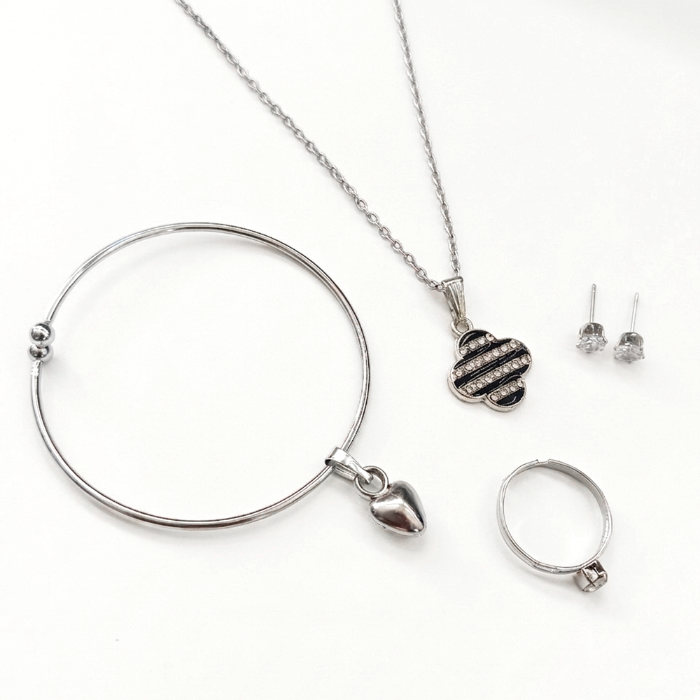 Urthn Silver Plated Chain Pendant Earrings Rings And Bracelet Jewellery Combo Set (Pack of 6)