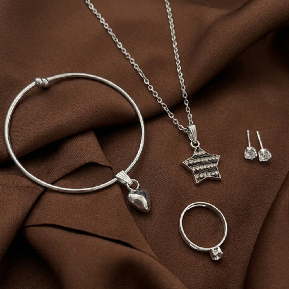 Urthn Silver Plated Chain Pendant Earrings Rings And Bracelet Jewellery Combo Set