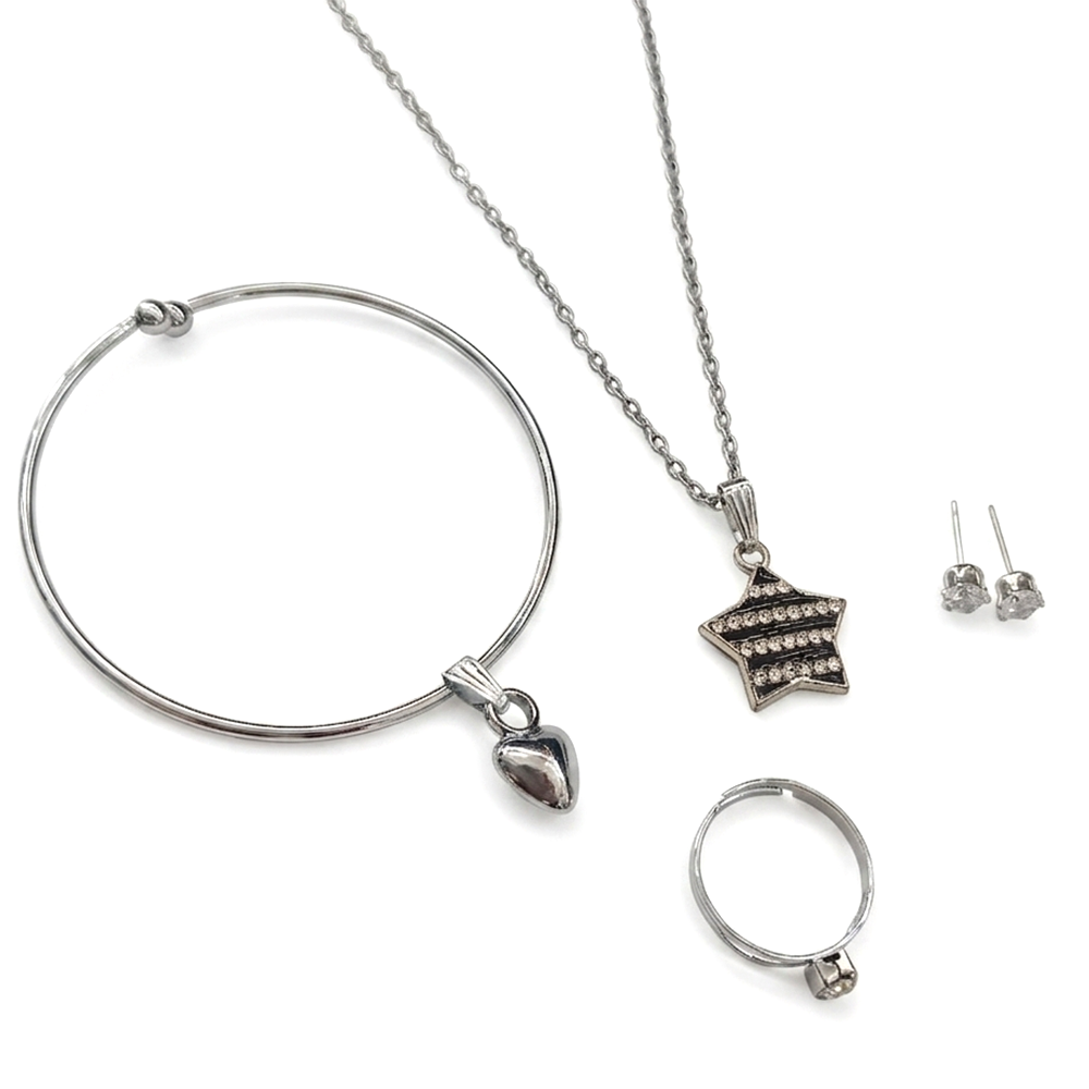 Urthn Silver Plated Chain Pendant Earrings Rings And Bracelet Jewellery Combo Set (Pack of 6)