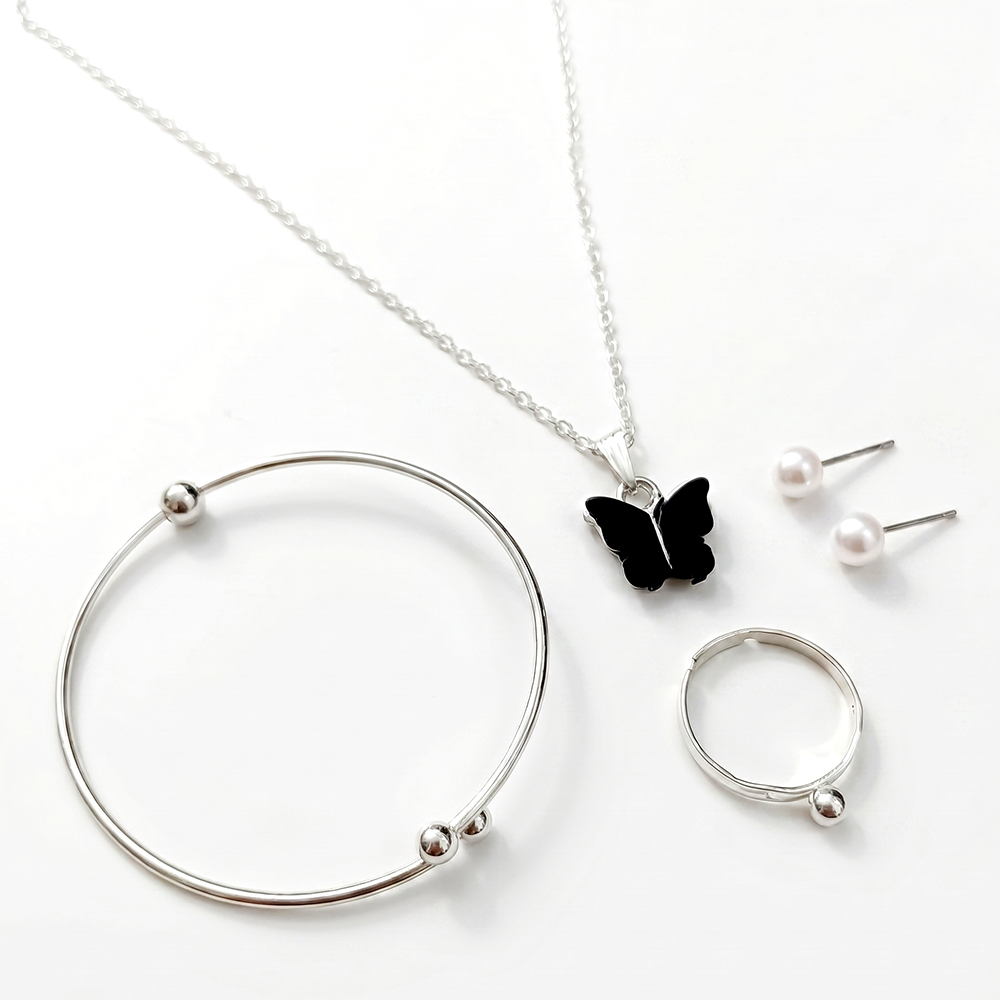 Urthn Silver Plated Chain Pendant Earrings Rings And Bracelet Jewellery Combo Set(Pack of 6)