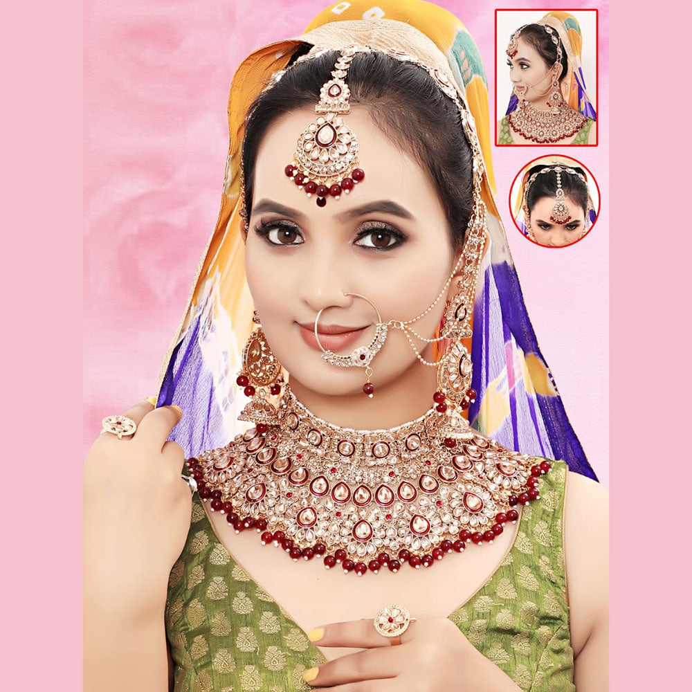 Neetu Art Gold Plated Kundan Stone And Beads Semi Bridal Necklace Set