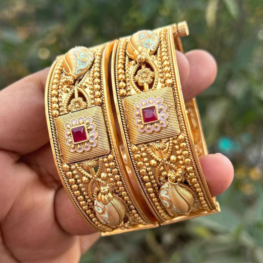 Neetu Art Gold Plated Pota Stone Meenakari Openable Bangle Set