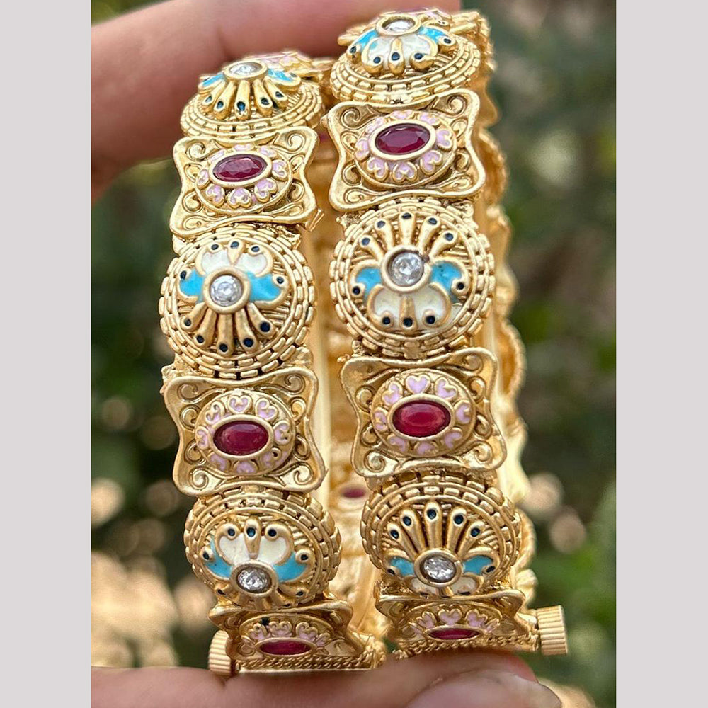 Neetu Art Gold Plated Pota Stone Meenakari Openable Bangle Set