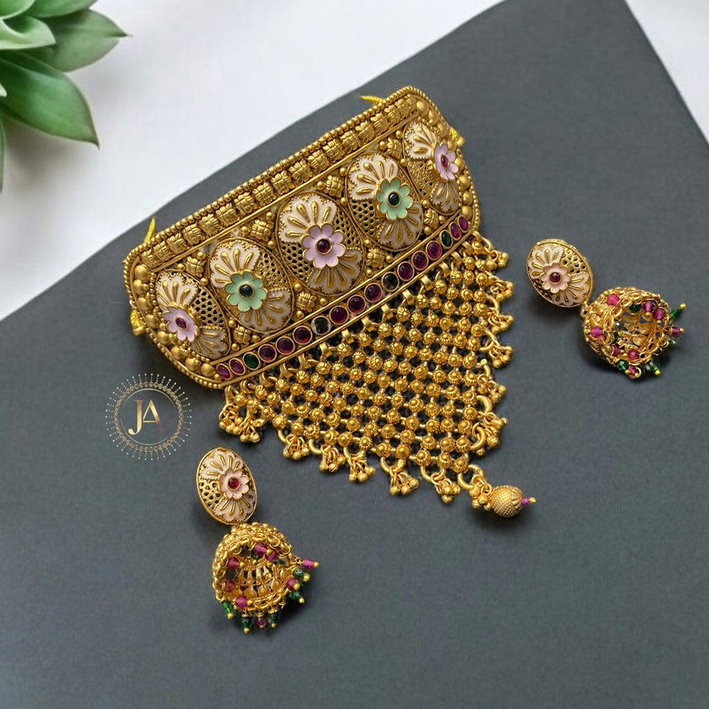 Neetu Art Gold Plated Pota Stone And Beads Choker Necklace Set