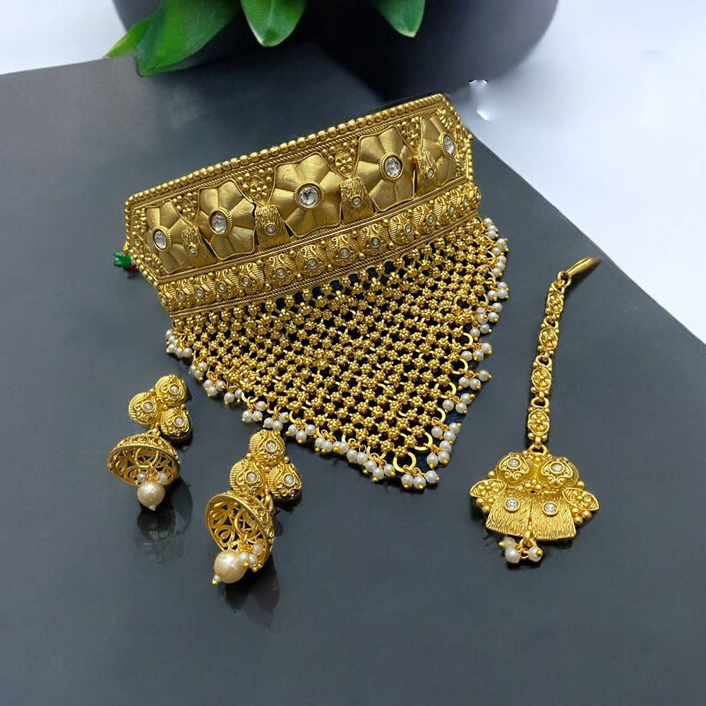 Neetu Art Gold Plated Pota Stone And Beads Choker Necklace Set