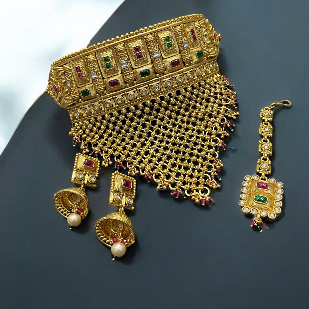 Neetu Art Gold Plated Pota Stone And Beads Choker Necklace Set