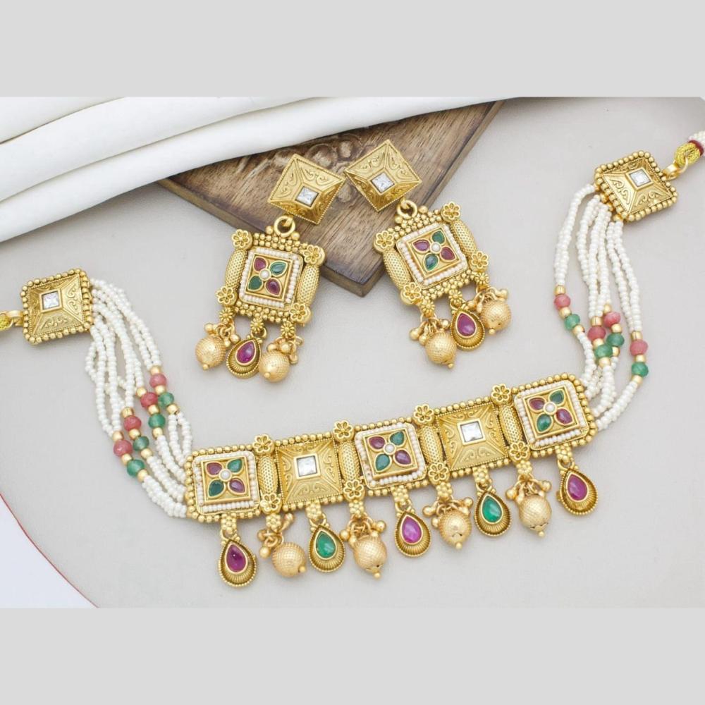 Manisha Jewellery Gold Plated Pota Stone And Pearls Choker Necklace Set