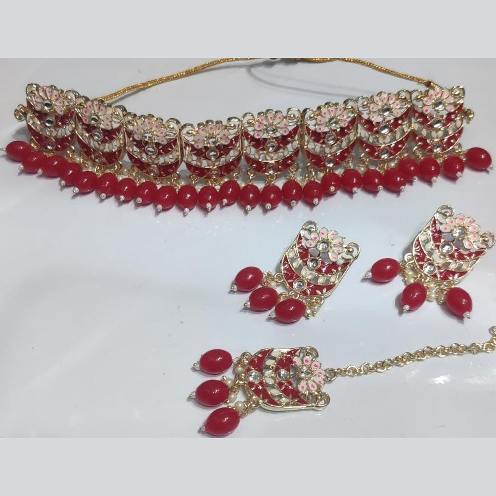 Manisha Jewellery Gold Plated Kundan Stone And Beads Choker Meenakari Necklace Set