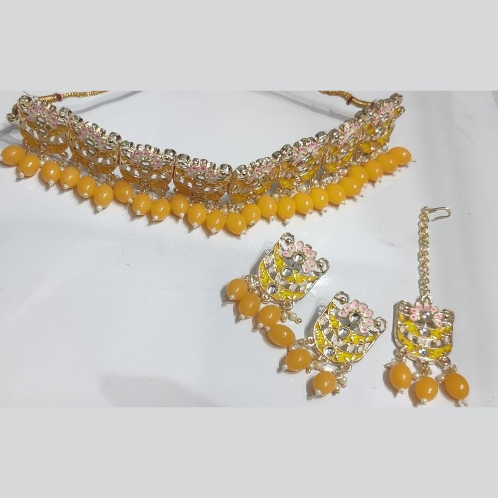 Manisha Jewellery Gold Plated Kundan Stone And Beads Choker Meenakari Necklace Set