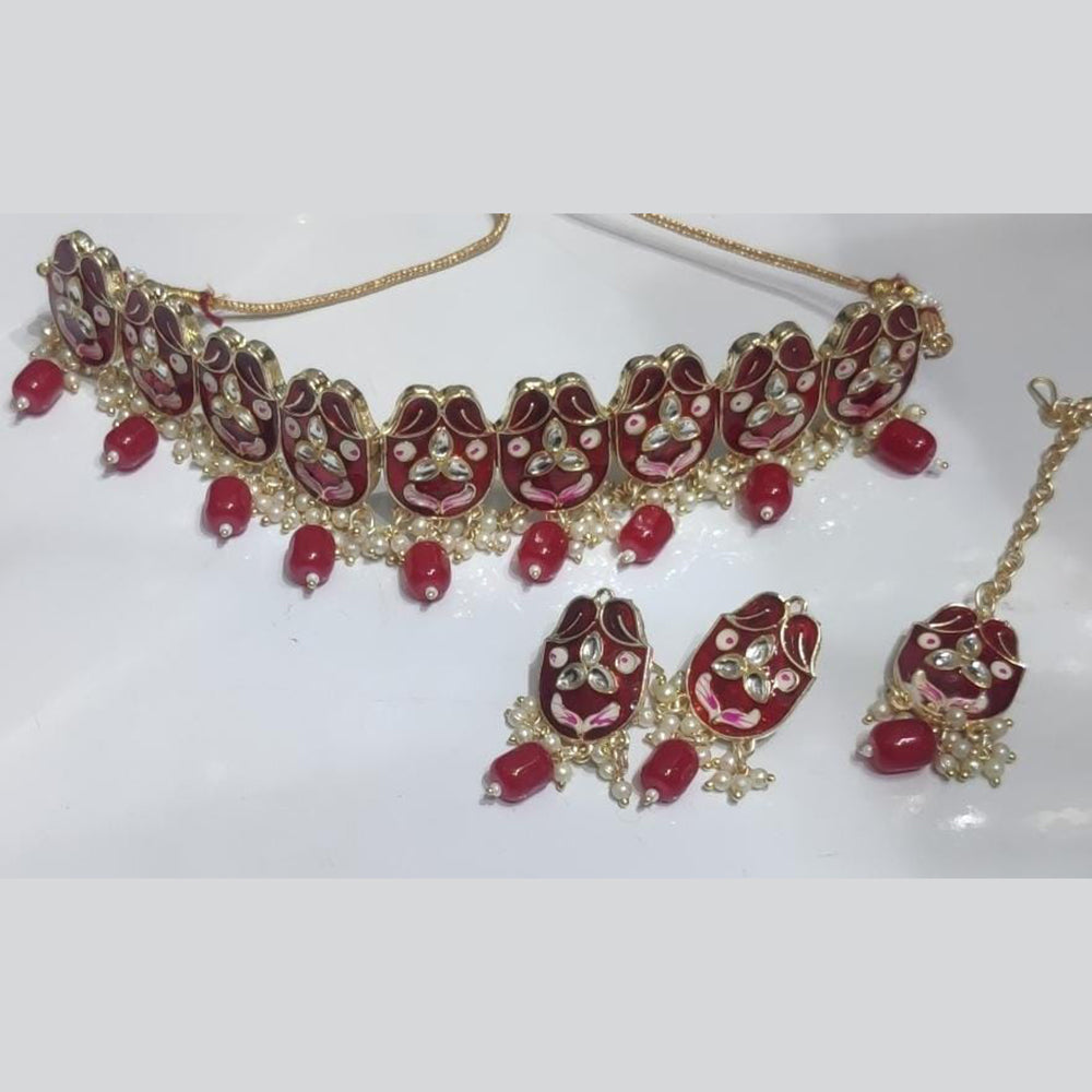 Manisha Jewellery Gold Plated Kundan Stone And Beads Choker Meenakari Necklace Set