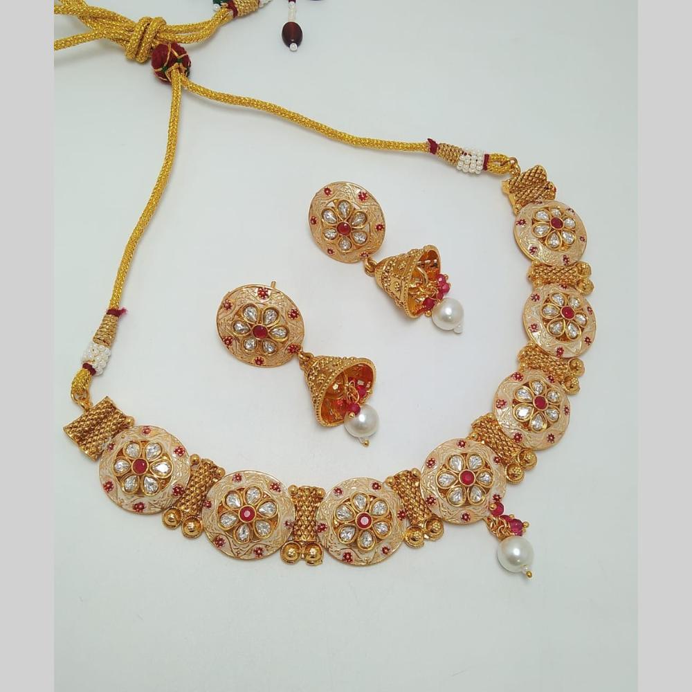 Manisha Jewellery Gold Plated Pota Stone And Pearls Meenakari Necklace Set