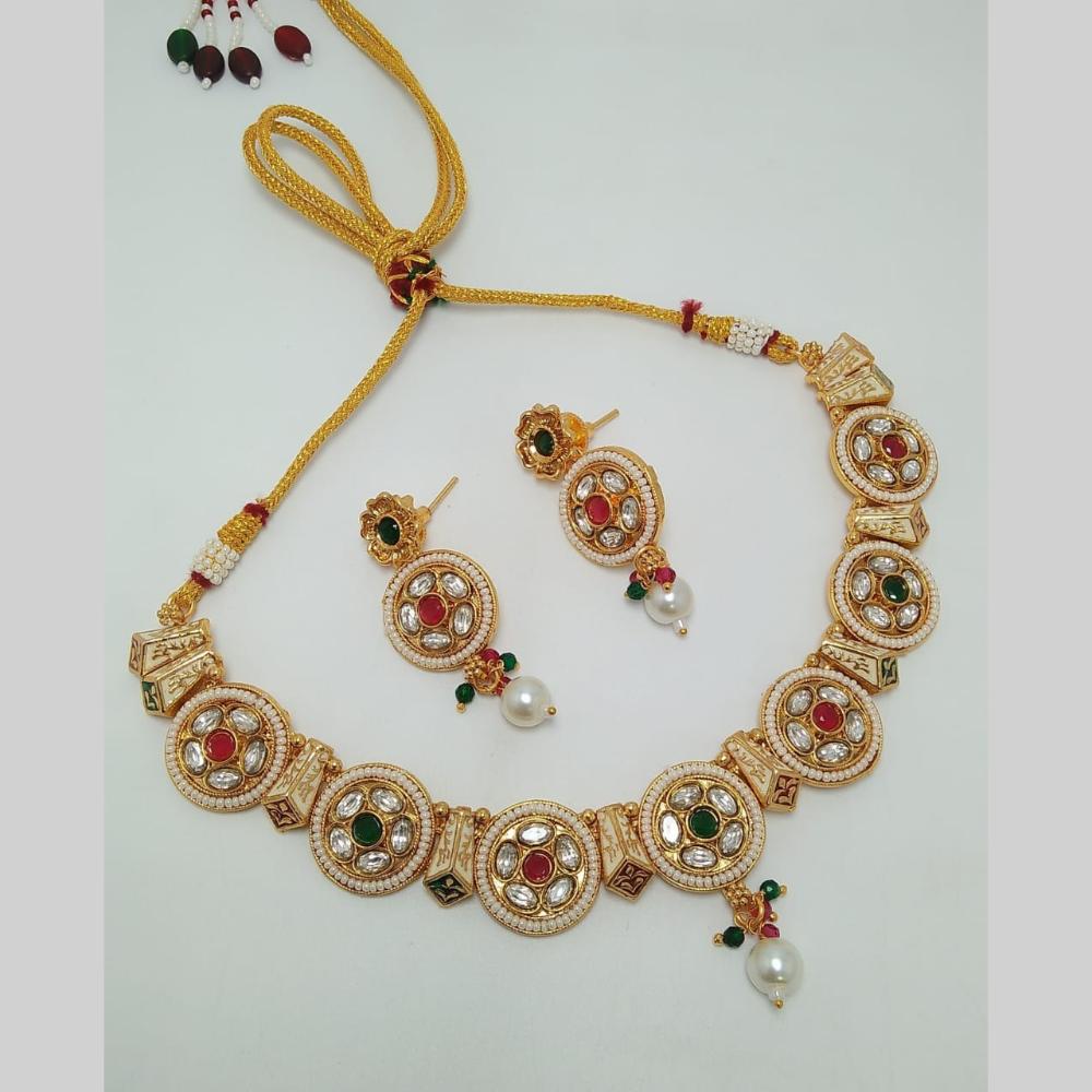 Manisha Jewellery Gold Plated Pota Stone And Pearls Meenakari Necklace Set