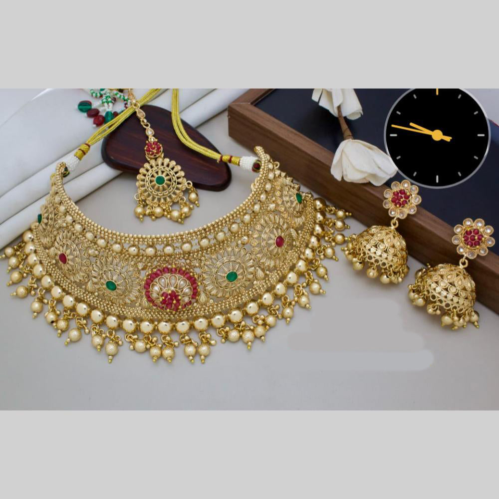 Manisha Jewellery Gold Plated Pota Stone And Pearls Choker Necklace Set