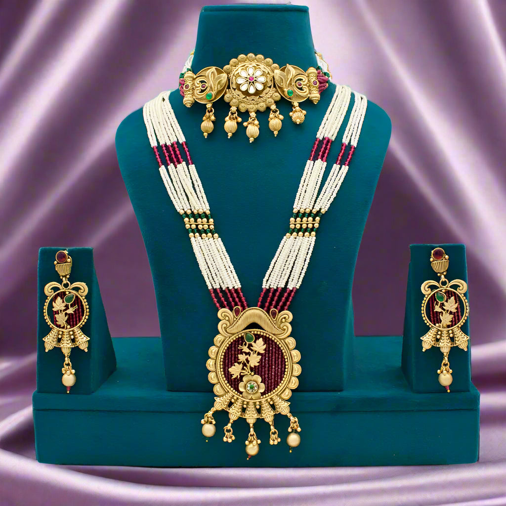 Manisha Jewellery Gold Plated Pota Stone And Pearls Double Necklace Set