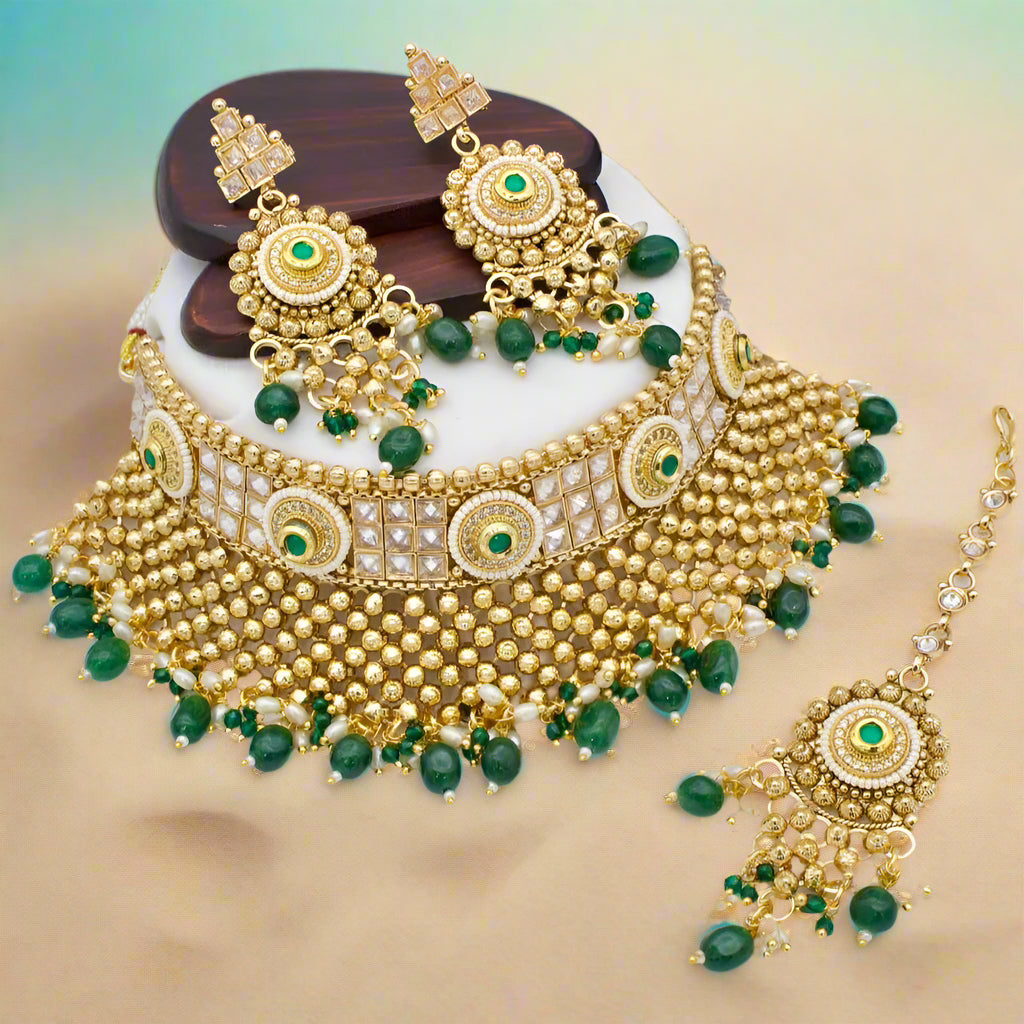 Manisha Jewellery Gold Plated Pota Stone And Beads Choker Necklace Set
