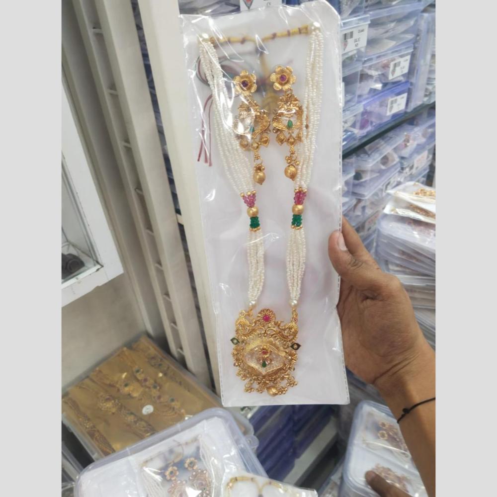 Manisha Jewellery Gold Plated Pota Stone And Pearl Long Meenakari Necklace Set
