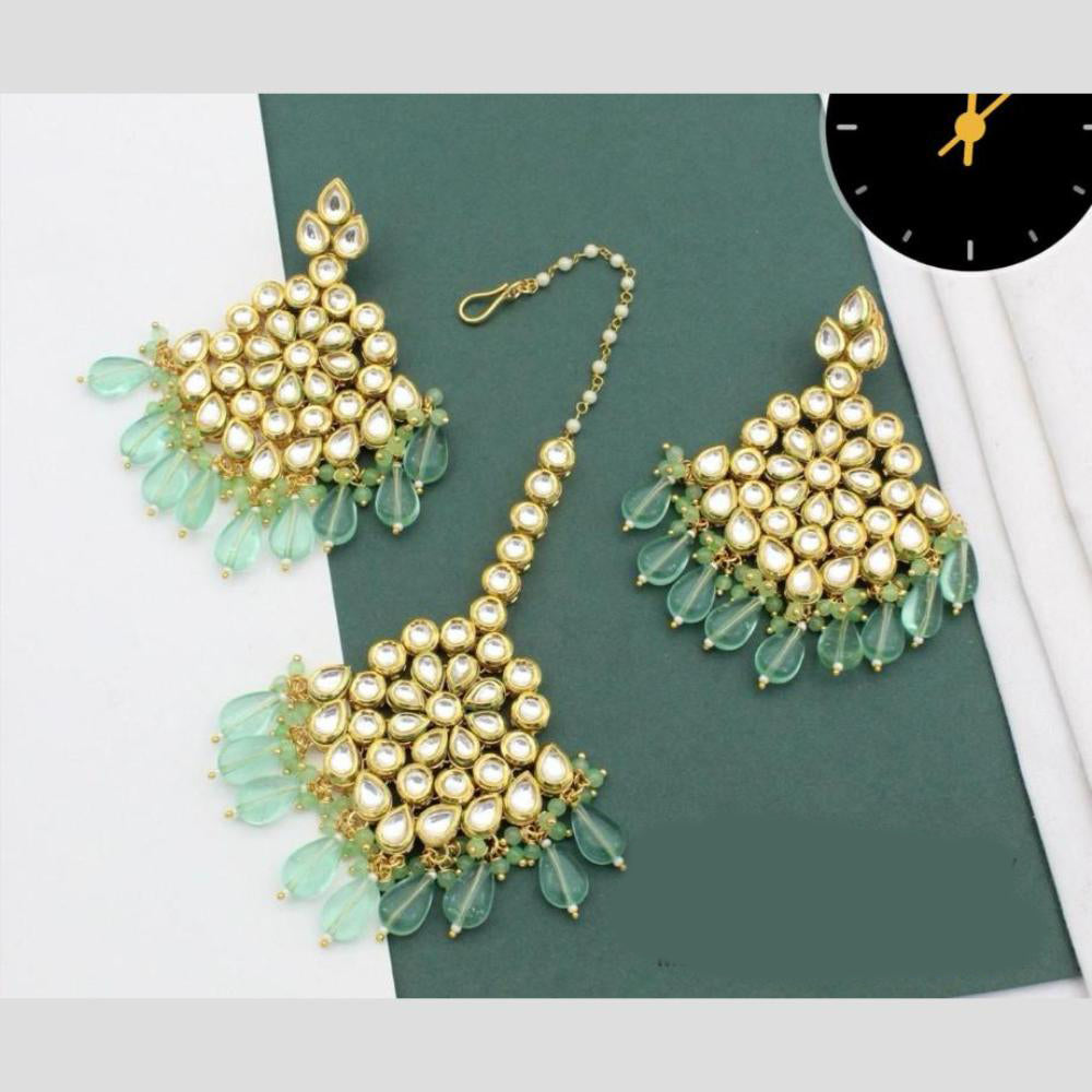 Manisha Jewellery Gold Plated Kundan Stone And Beads Earrings With Maangtikka