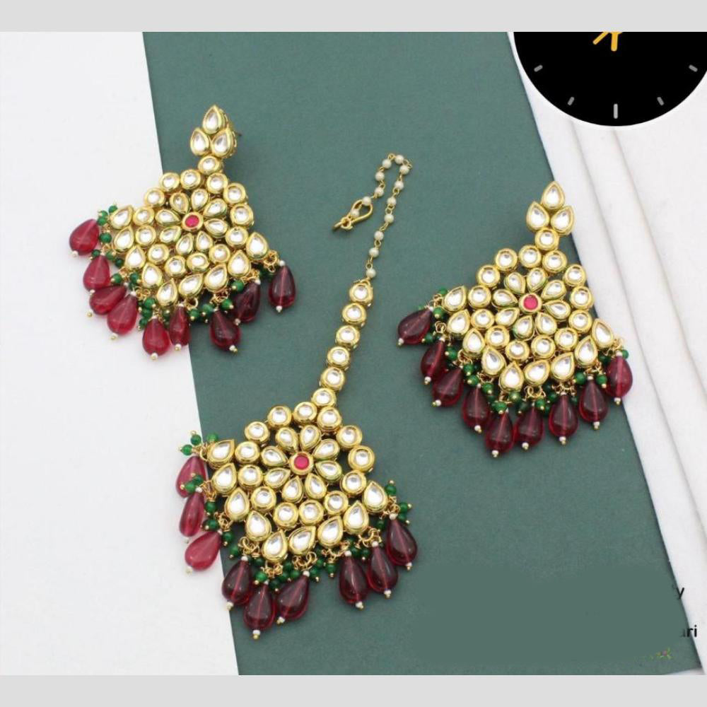 Manisha Jewellery Gold Plated Kundan Stone And Beads Earrings With Maangtikka