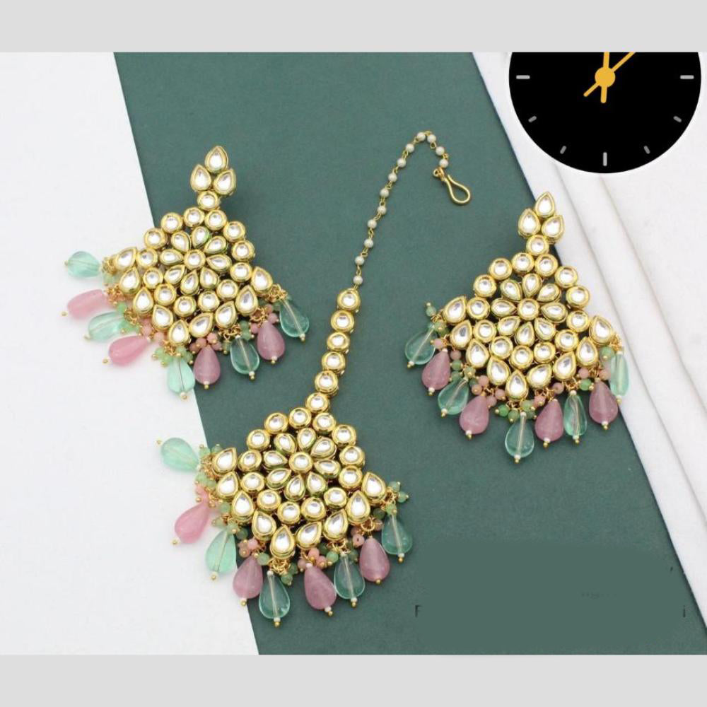Manisha Jewellery Gold Plated Kundan Stone And Beads Earrings With Maangtikka
