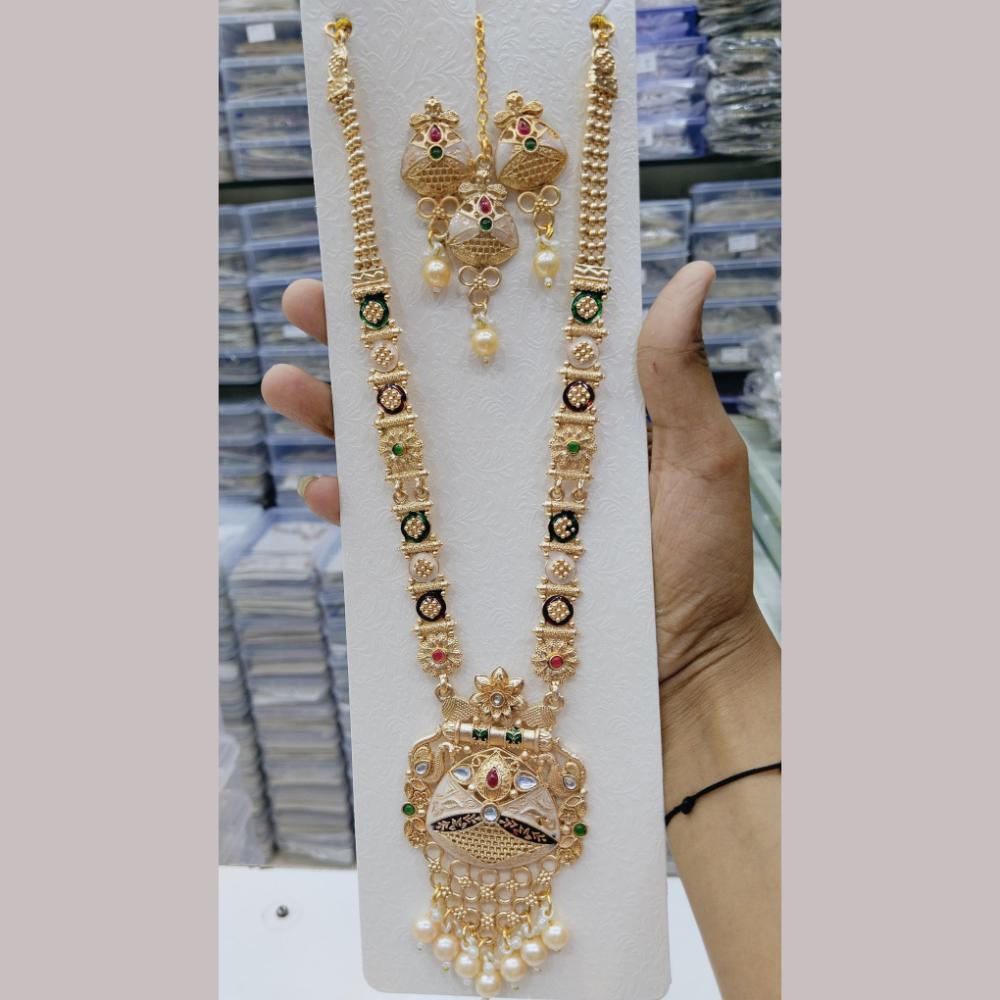 Manisha Jewellery Gold Plated Kundan Stone And Pearls Meenakari Long Necklace Set