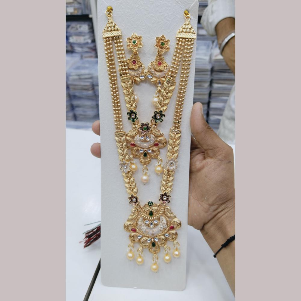 Manisha Jewellery Gold Plated Kundan Stone And Pearls Meenakari Double Necklace Set
