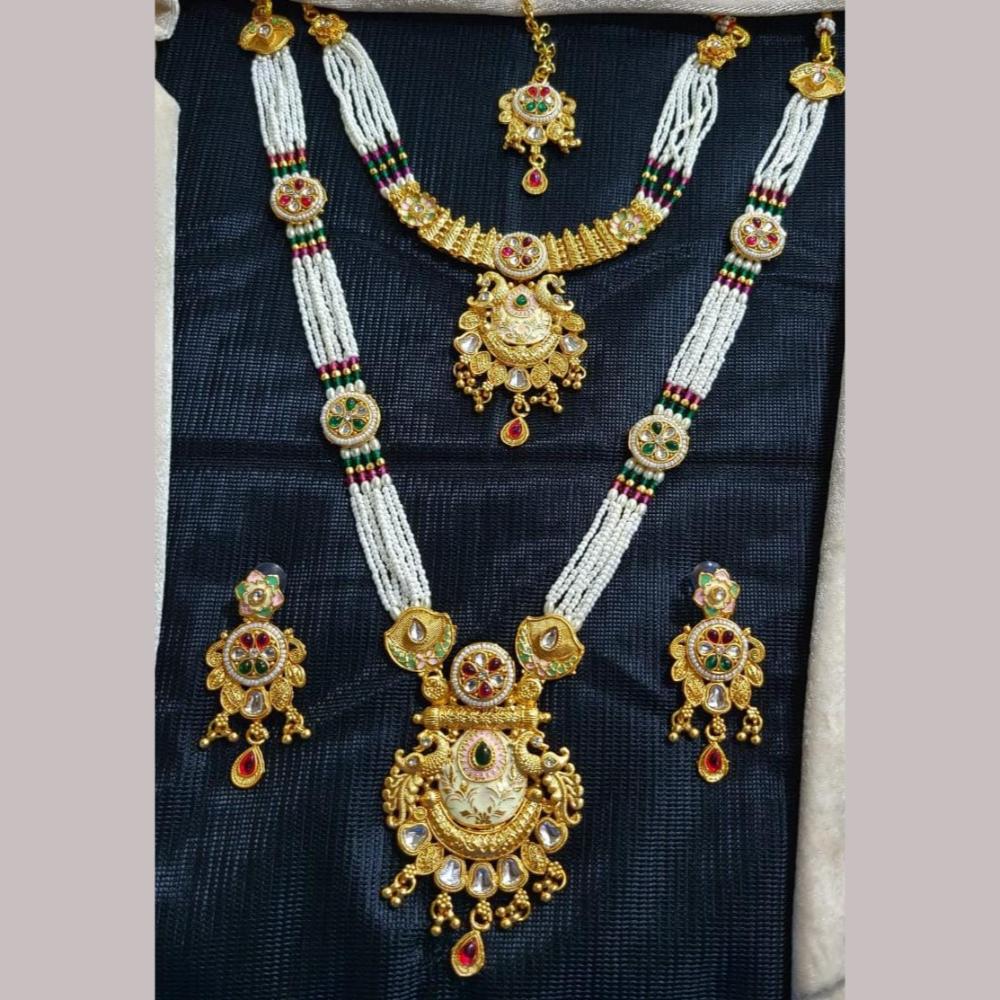 Manisha Jewellery Gold Plated Kundan Stone And Pearls Meenakari Double Necklace Set
