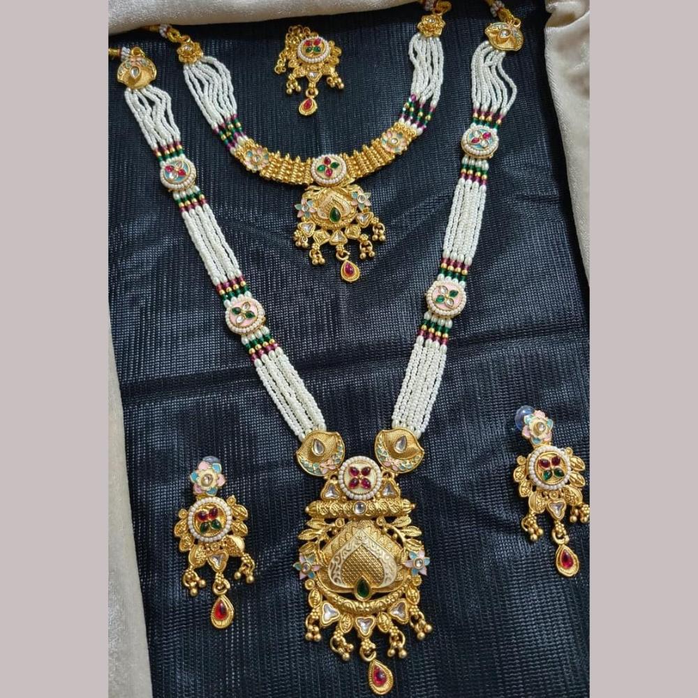 Manisha Jewellery Gold Plated Kundan Stone And Pearls Meenakari Double Necklace Set