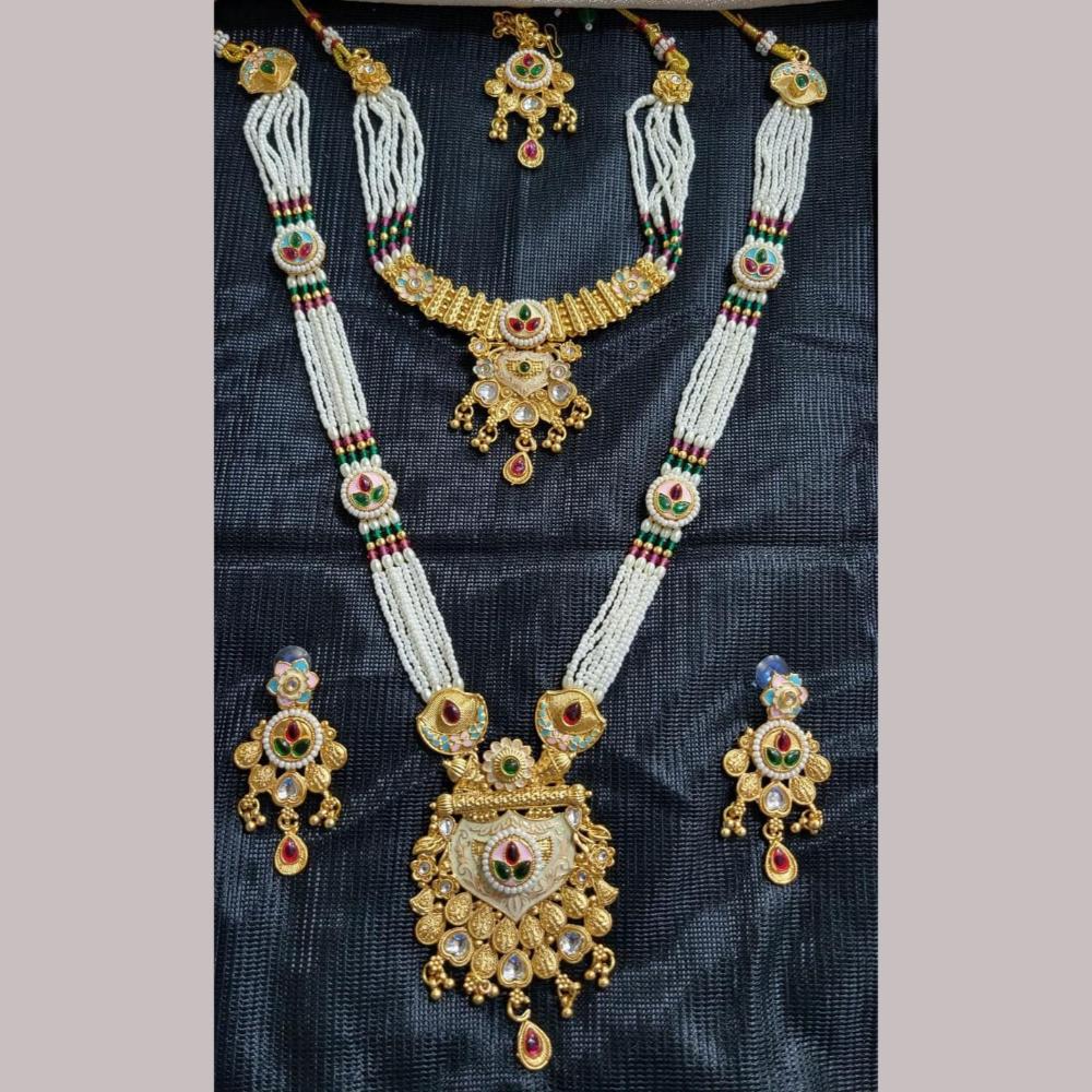 Manisha Jewellery Gold Plated Kundan Stone And Pearls Meenakari Double Necklace Set