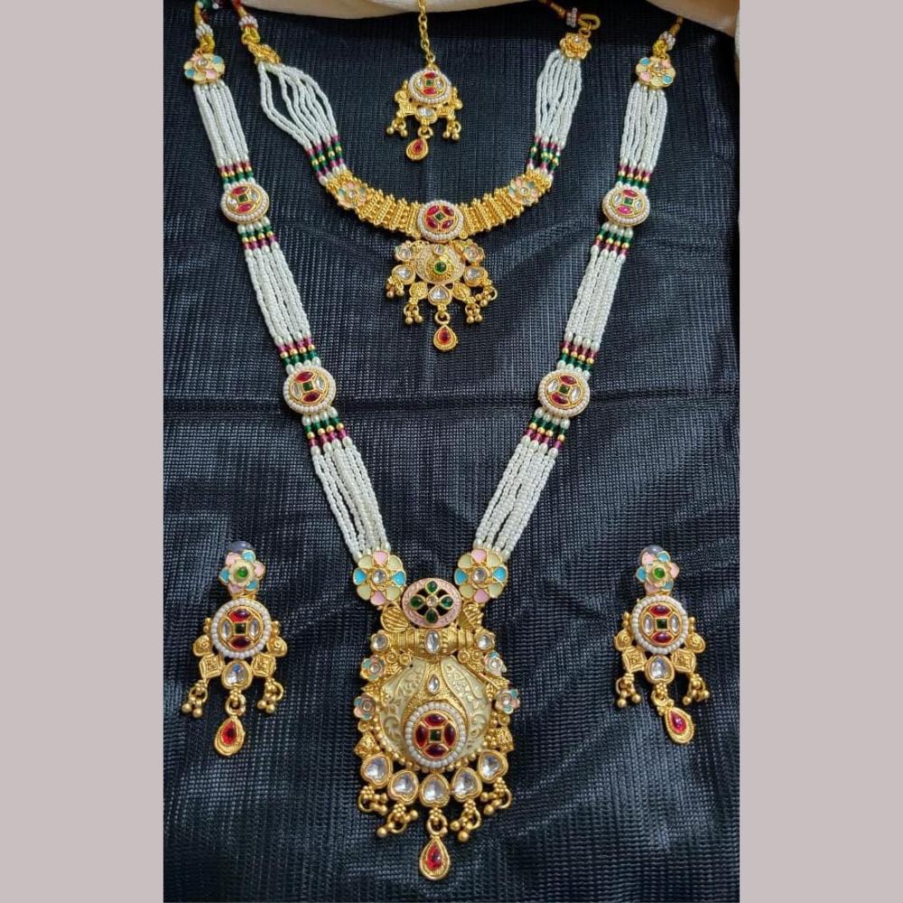 Manisha Jewellery Gold Plated Kundan Stone And Pearls Meenakari Double Necklace Set