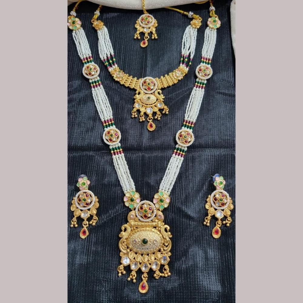 Manisha Jewellery Gold Plated Kundan Stone And Pearls Meenakari Double Necklace Set