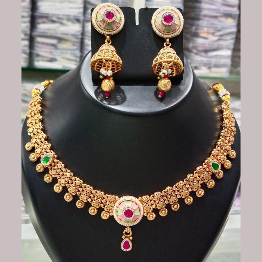 Manisha Jewellery Gold Plated Kundan Stone And Pearls Meenakari Necklace Set