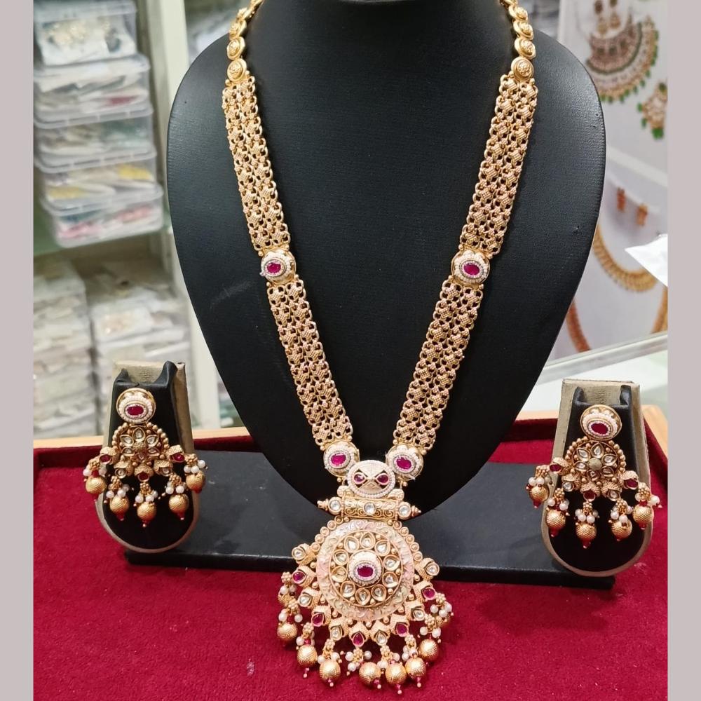 Manisha Jewellery Gold Plated Kundan Stone And Pearls Meenakari Long Necklace Set