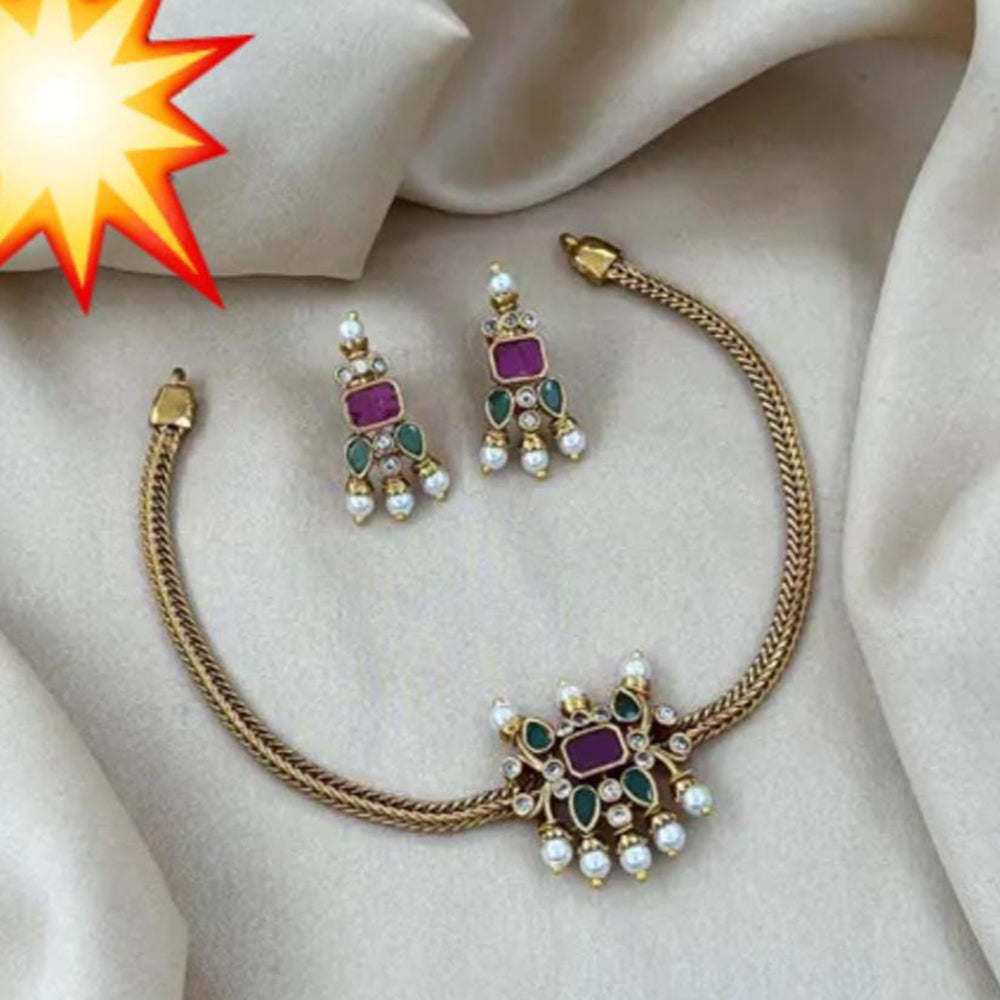 Manisha Jewellery Gold Plated Pota Stone And Pearls Necklace Set