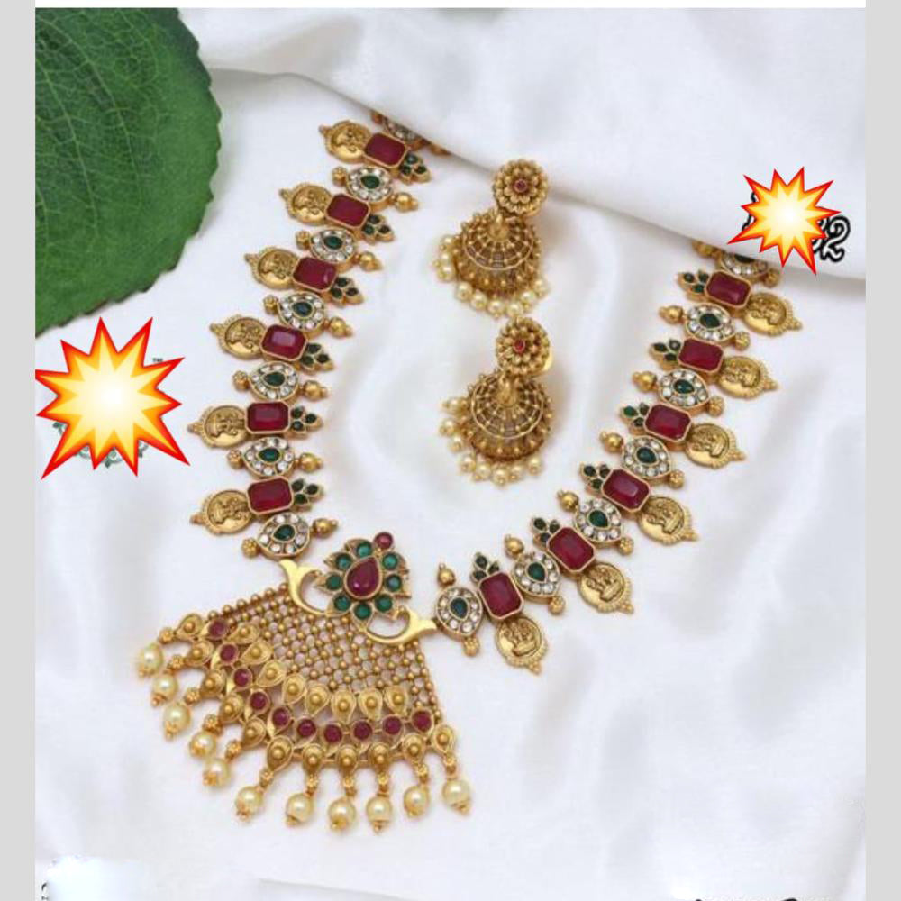 Manisha Jewellery Gold Plated Pota Stone And Pearls Temple  Necklace Set