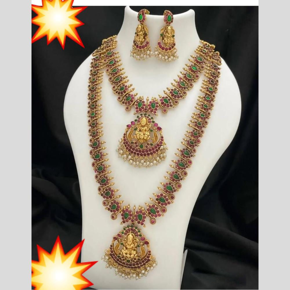 Manisha Jewellery Gold Plated Pota Stone And Pearls Temple Double Necklace Set