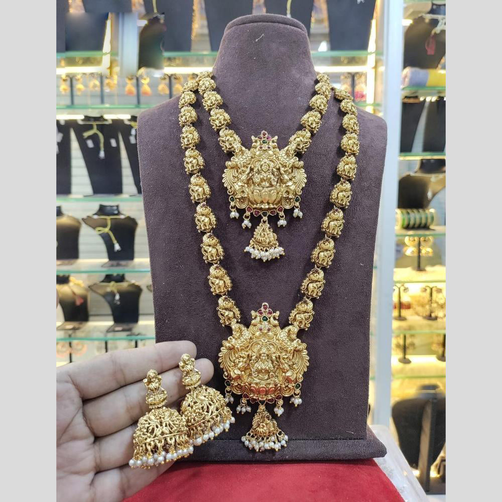 Manisha Jewellery Gold Plated Pota Stone And Pearls Temple Double Necklace Set