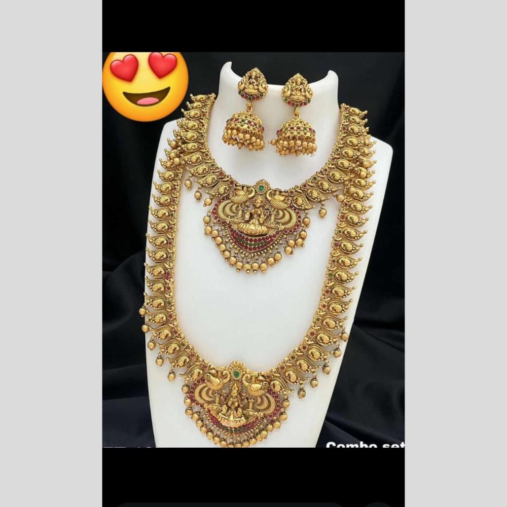 Manisha Jewellery Gold Plated Pota Stone And Pearls Temple Double Necklace Set