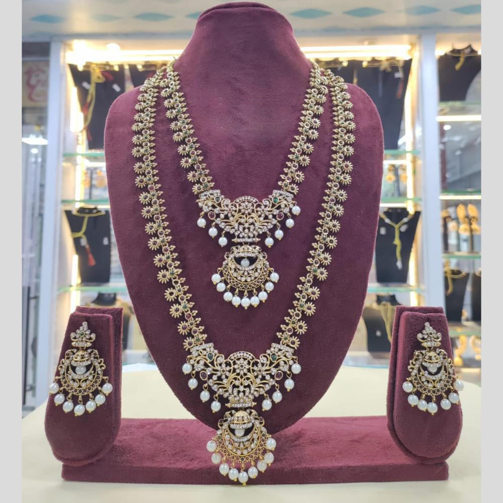 Manisha Jewellery Gold Plated Austrain Stone And Pearls Double Necklace Set