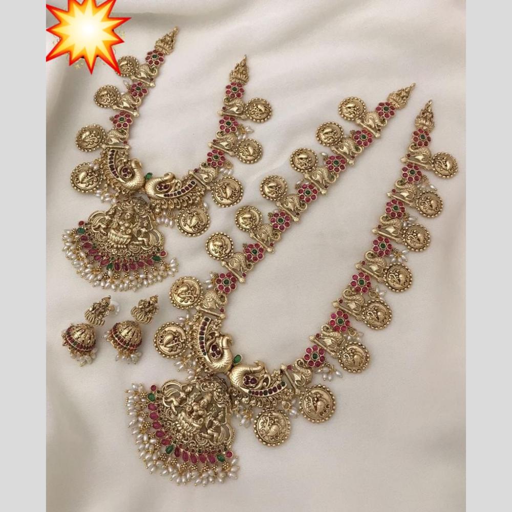 Manisha Jewellery Gold Plated Pota Stone And Pearls Temple Double Necklace Set