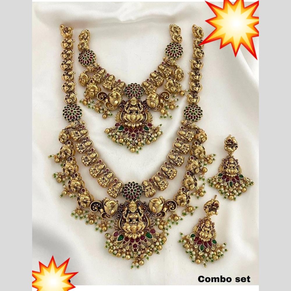 Manisha Jewellery Gold Plated Pota Stone And Pearls Temple Double Necklace Set