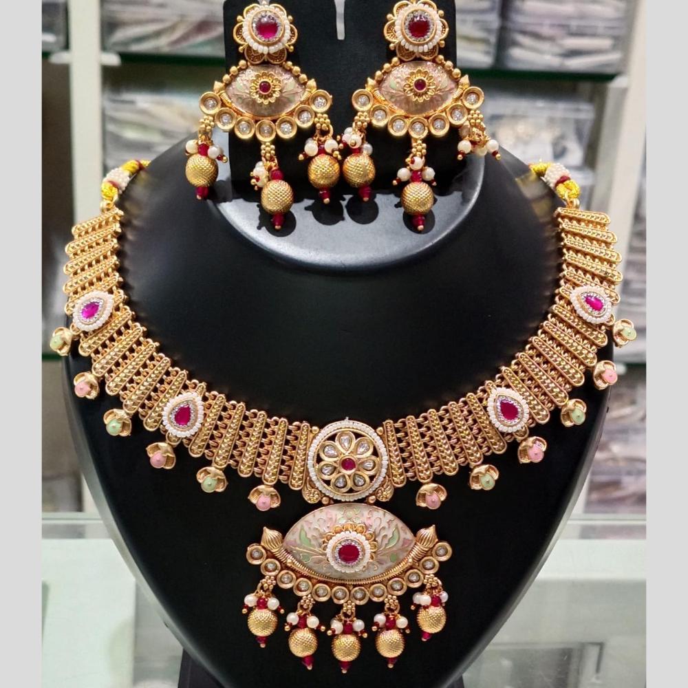 Manisha Jewellery Gold Plated Kundan Stone And Pearls Meenakari Necklace Set