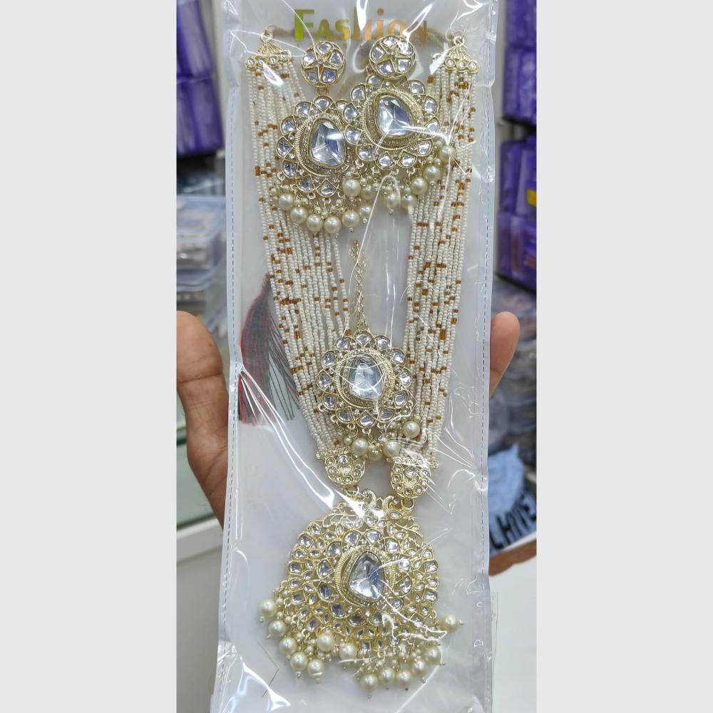 Manisha Jewellery Traditional Gold Plated White Kundan & Pearls Long Necklace Set