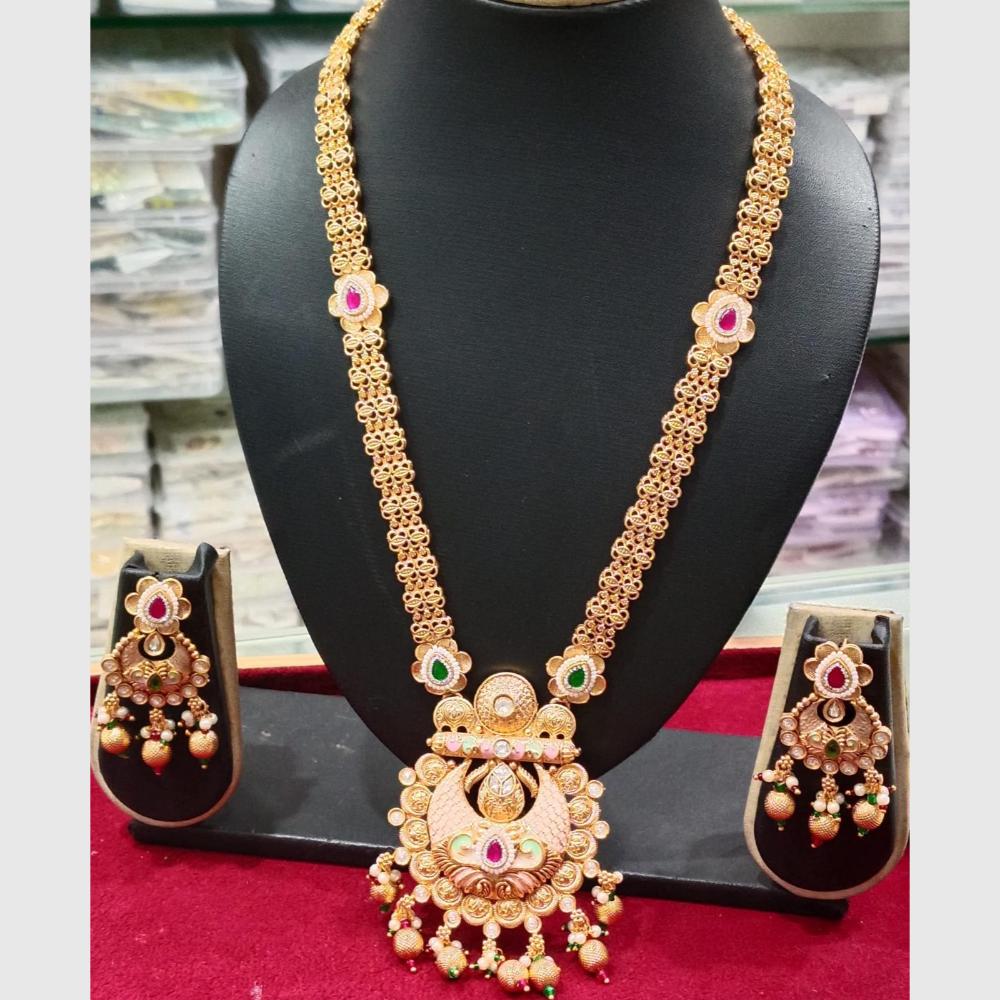 Manisha Jewellery Traditional Gold Plated Green & Pink Pota & Pearls Long Necklace Set